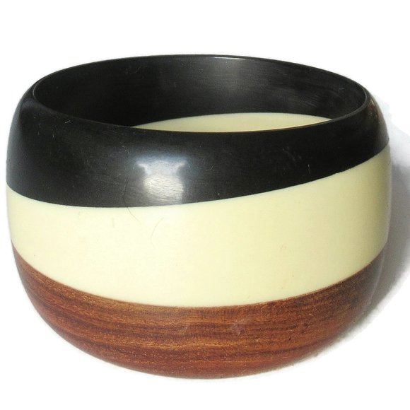 American Vintage Jewelry - Black Brown Cream Striped Bangle Vintage Wood & Lucite Chunky Plastic Cuff